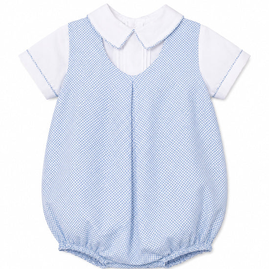 Carriage Boutique baby boy blue and white checkered bubble romper with a classic collar and short sleeves