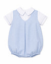 Carriage Boutique baby boy blue and white checkered bubble romper with a classic collar and short sleeves