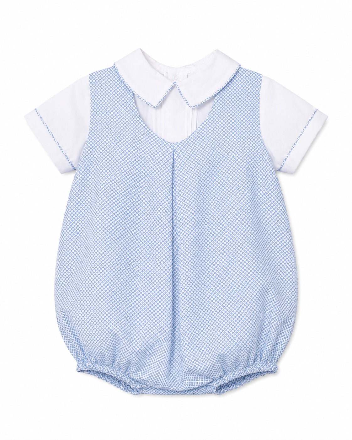 Carriage Boutique baby boy blue and white checkered bubble romper with a classic collar and short sleeves