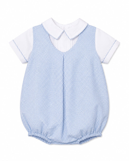 Carriage Boutique baby boy blue and white checkered bubble romper with a classic collar and short sleeves