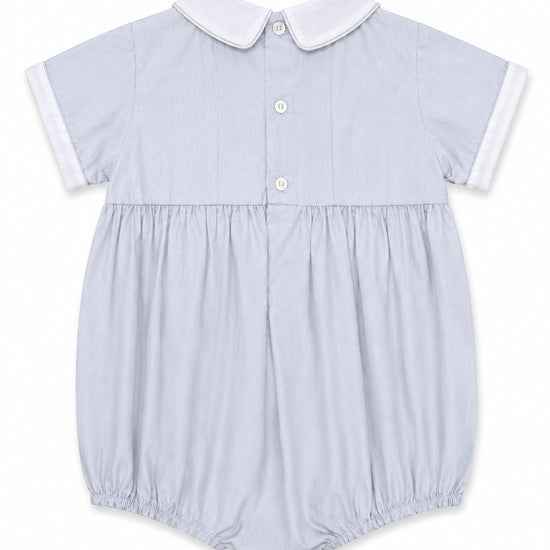Carriage Boutique light blue cotton baby boy bubble romper with a white Peter Pan collar and short sleeves
