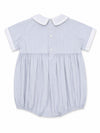 Carriage Boutique light blue cotton baby boy bubble romper with a white Peter Pan collar and short sleeves