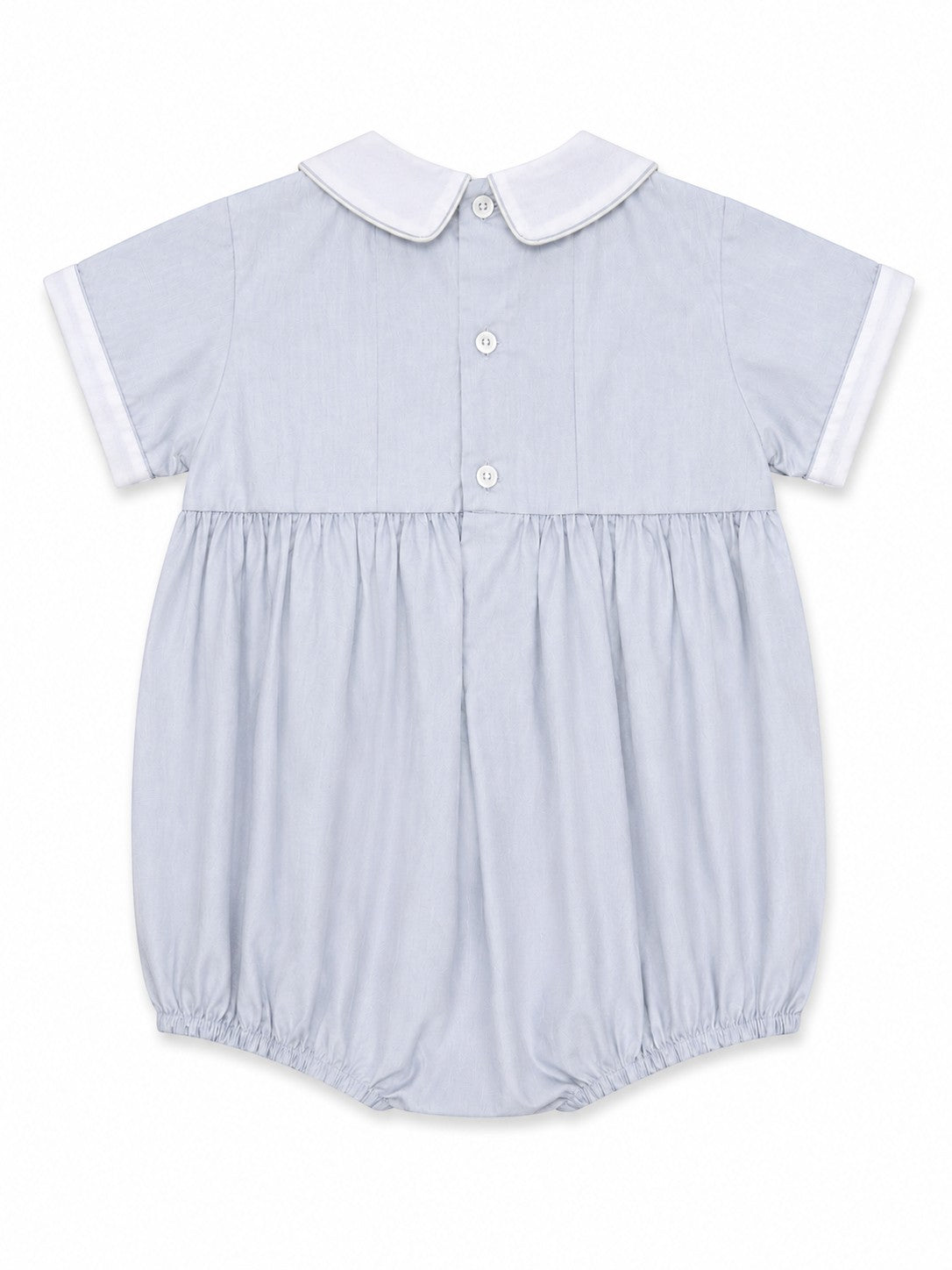 Carriage Boutique light blue cotton baby boy bubble romper with a white Peter Pan collar and short sleeves