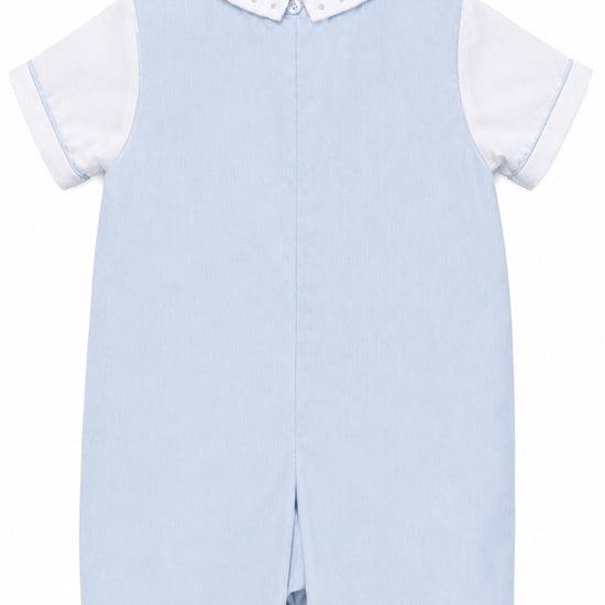 Carriage Boutique baby boy light blue shortall romper with white collared shirt and polka dot trim