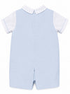 Carriage Boutique baby boy light blue shortall romper with white collared shirt and polka dot trim
