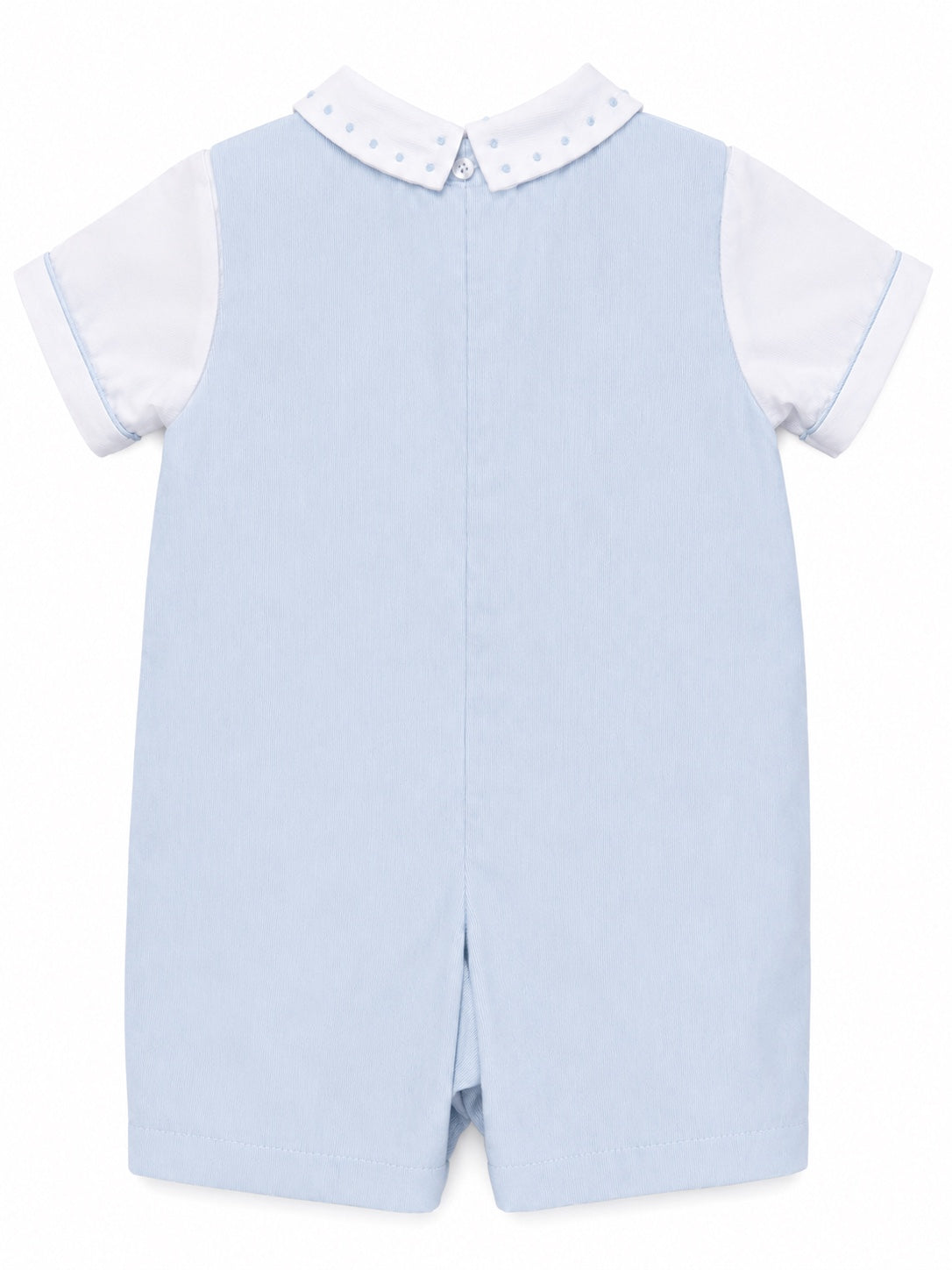 Carriage Boutique baby boy light blue shortall romper with white collared shirt and polka dot trim