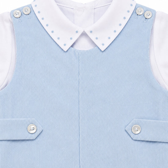 Carriage Boutique baby boy light blue corduroy shortall romper with white collared shirt and button details