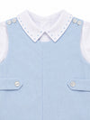 Carriage Boutique baby boy light blue corduroy shortall romper with white collared shirt and button details
