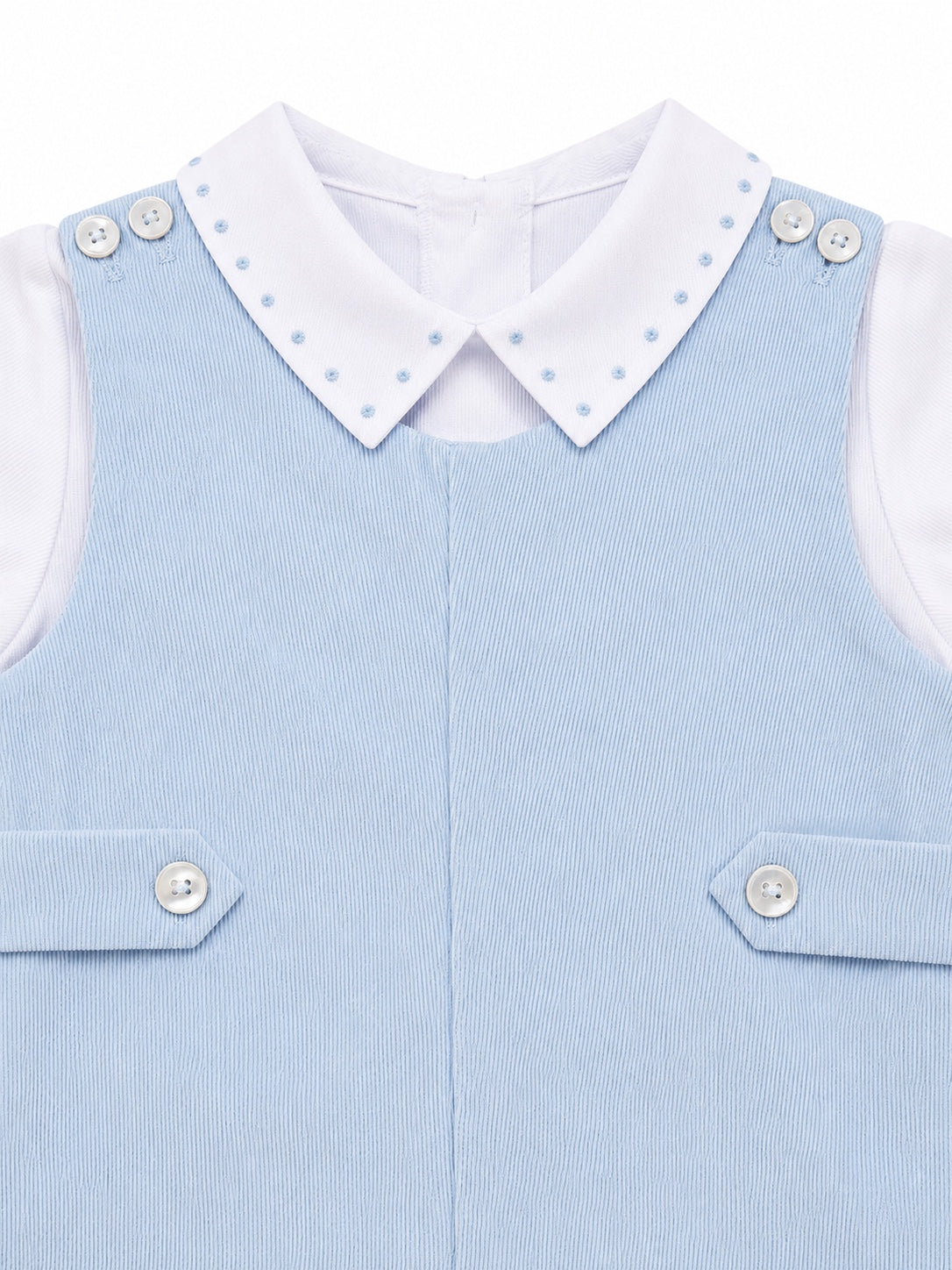 Carriage Boutique baby boy light blue corduroy shortall romper with white collared shirt and button details