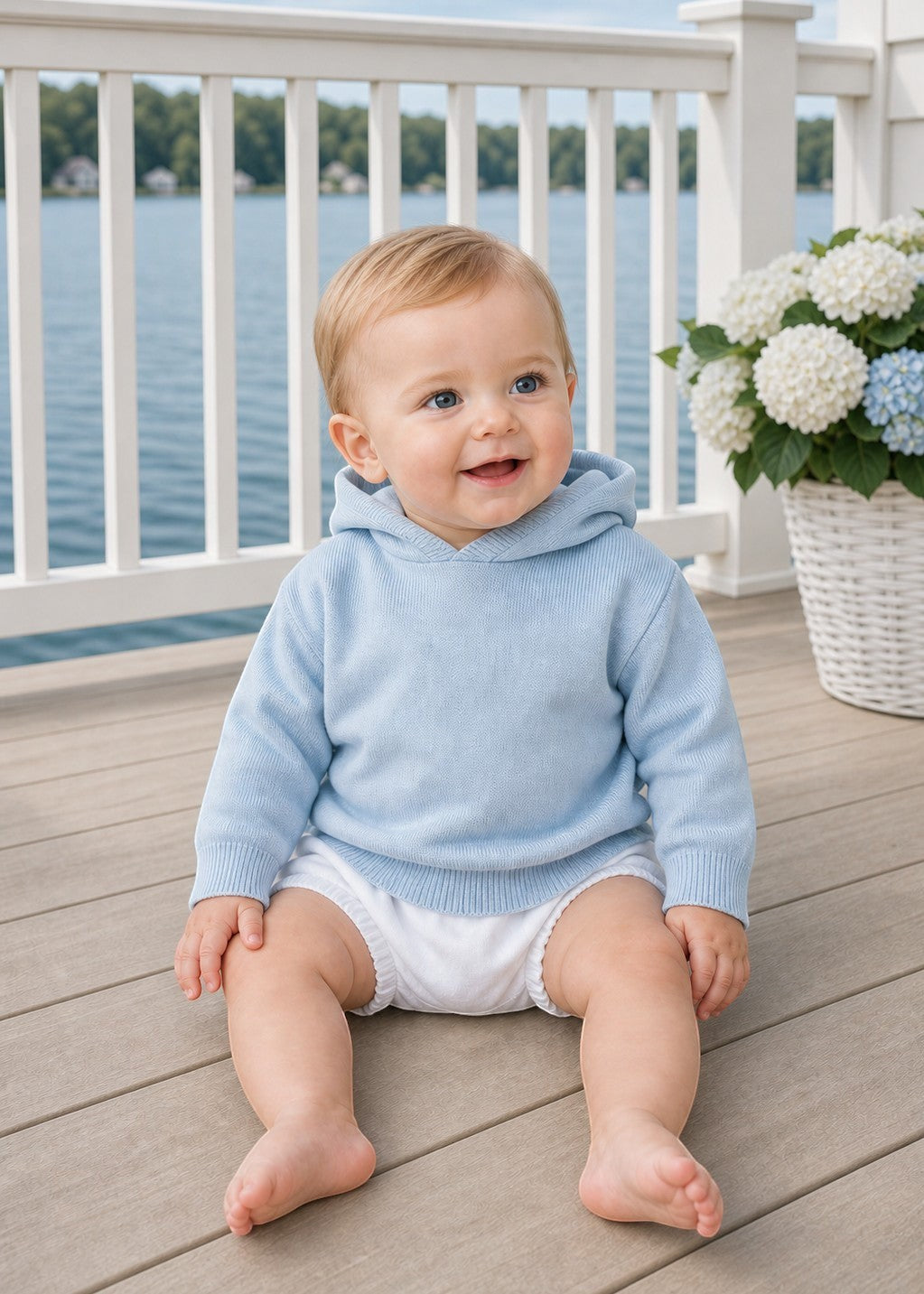 Carriage Boutique baby boy wearing a soft blue cotton hooded sweater with a zip back detail on a wooden deck.