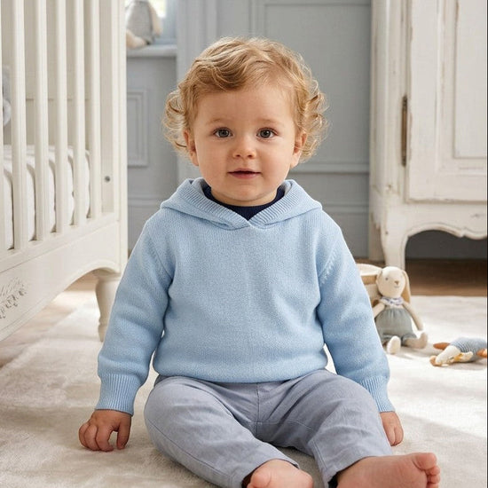 Carriage Boutique baby boy wearing a light blue hooded cotton sweater with a zip back detail in a nursery setting.