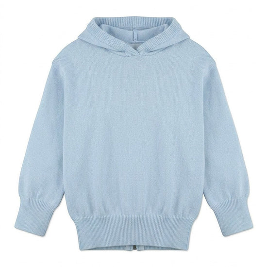 Carriage Boutique Julius Berger blue hooded cotton sweater with a zip back detail for baby boys and girls.