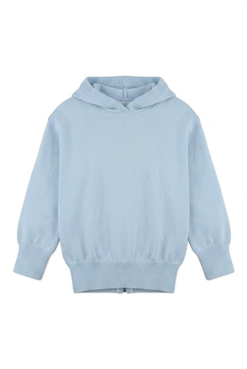 Carriage Boutique Julius Berger blue hooded cotton sweater with a zip back detail for baby boys and girls.