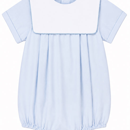 Carriage Boutique baby boy blue cotton romper with a crisp white collar and bottom snaps for easy dressing.