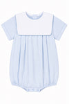 Carriage Boutique baby boy blue cotton romper with a crisp white collar and bottom snaps for easy dressing.