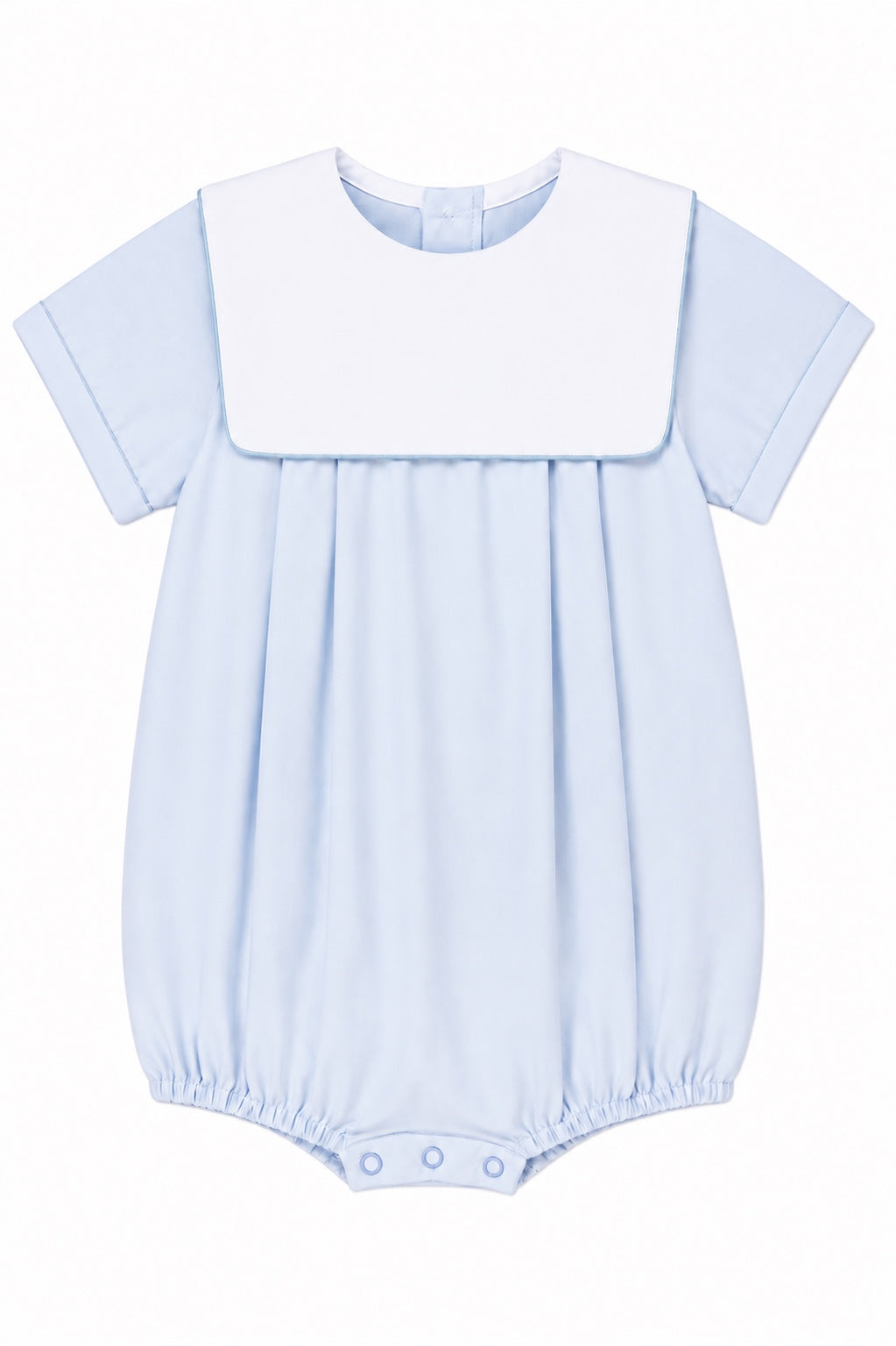 Carriage Boutique baby boy blue cotton romper with a crisp white collar and bottom snaps for easy dressing.