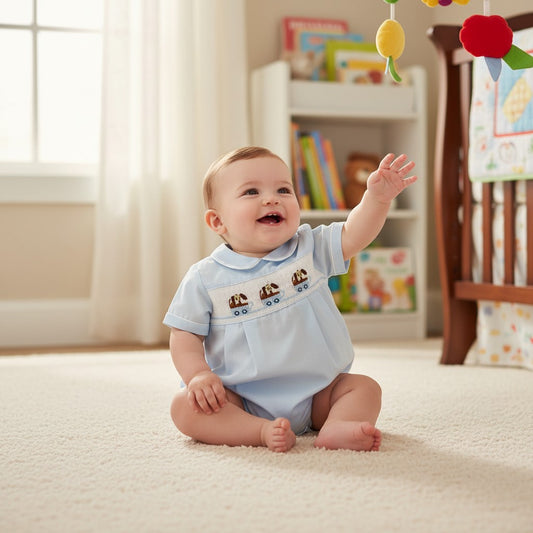 Carriage Boutique light blue cotton baby boy bubble romper with hand-smocked blue dogs in wagons on the chest.