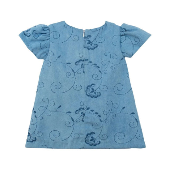 Carriage Boutique blue suede baby dress with floral embroidery, short puff sleeves, and back zipper closure.