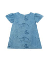 Carriage Boutique blue suede baby dress with floral embroidery, short puff sleeves, and back zipper closure.