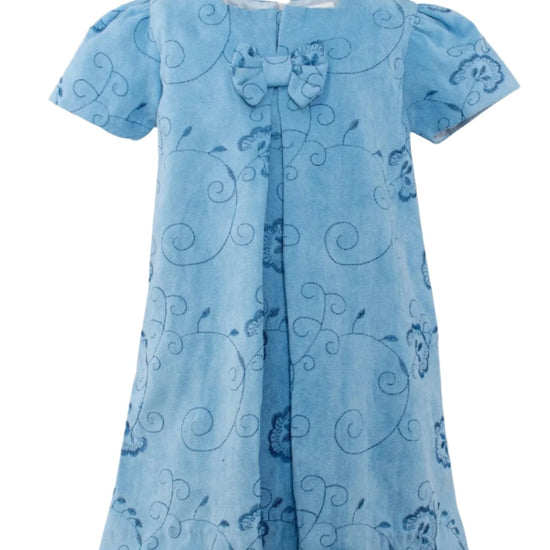 Carriage Boutique toddler girl dress in blue suede polyester with floral pattern and a decorative chest ribbon