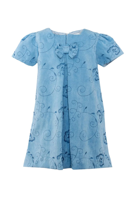 Carriage Boutique toddler girl dress in blue suede polyester with floral pattern and a decorative chest ribbon