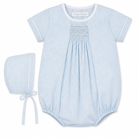 Carriage Boutique light blue gingham baby bubble and bonnet set with white piping and hand-smocking.