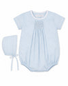 Carriage Boutique light blue gingham baby bubble and bonnet set with white piping and hand-smocking.