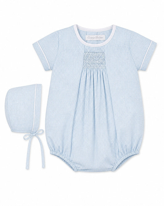 Carriage Boutique light blue gingham baby bubble and bonnet set with white piping and hand-smocking.