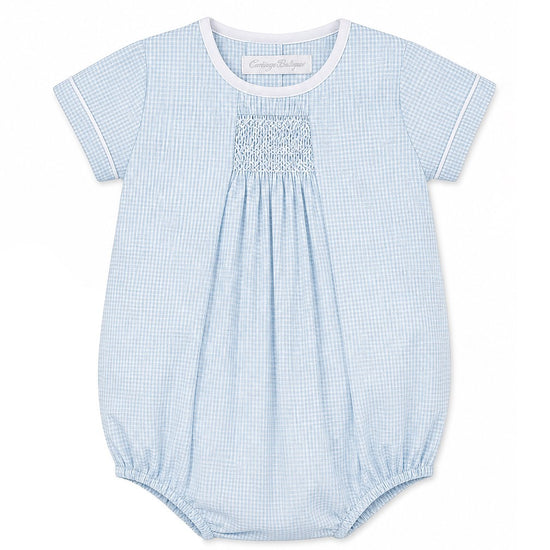 Carriage Boutique light blue gingham baby bubble with smocking and white piping, short sleeves, matching bonnet sold separately.