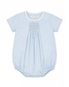 Carriage Boutique light blue gingham baby bubble with smocking and white piping, short sleeves, matching bonnet sold separately.