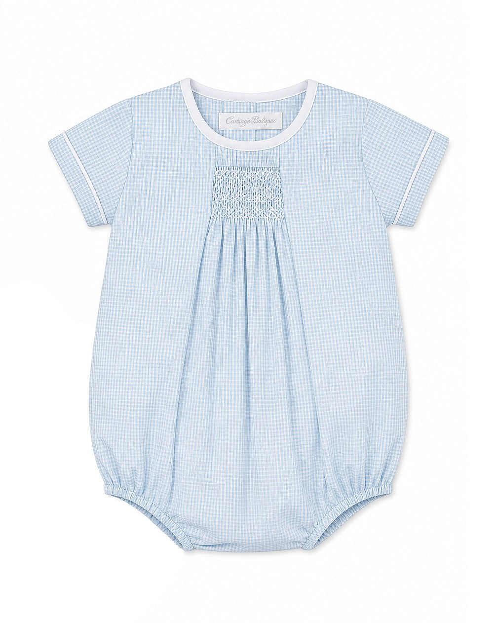 Carriage Boutique light blue gingham baby bubble with smocking and white piping, short sleeves, matching bonnet sold separately.