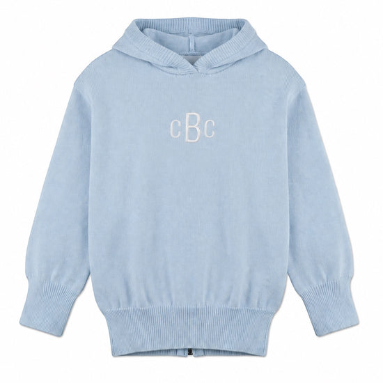 Carriage Boutique blue cotton hooded sweater with monogram embroidery and zip back detail for babies