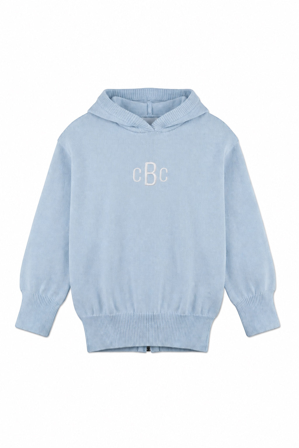 Carriage Boutique blue cotton hooded sweater with monogram embroidery and zip back detail for babies