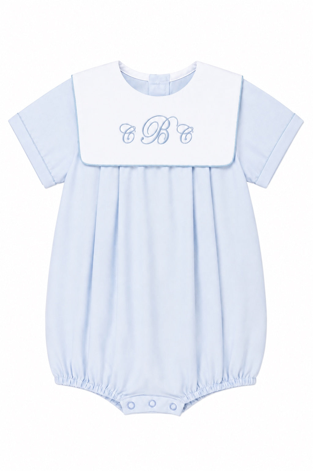 Carriage Boutique baby boy blue cotton romper with white collar and custom monogram embroidery for special occasions.