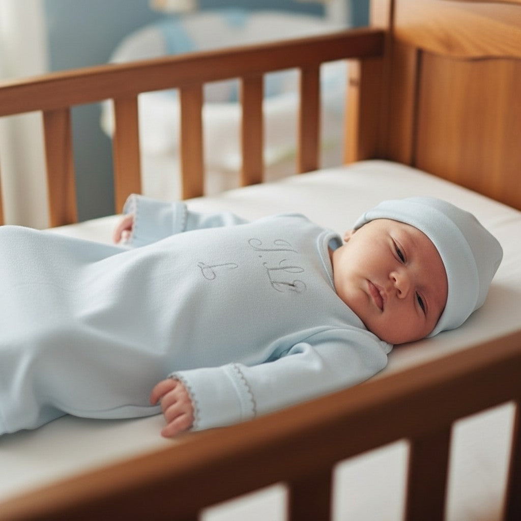 Carriage Boutique newborn sleep sack in light blue with matching hat and monogram, worn by a baby in a wooden crib.