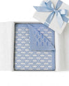 Carriage Boutique blue and white monogram knit baby blanket in a gift box with a blue satin ribbon.