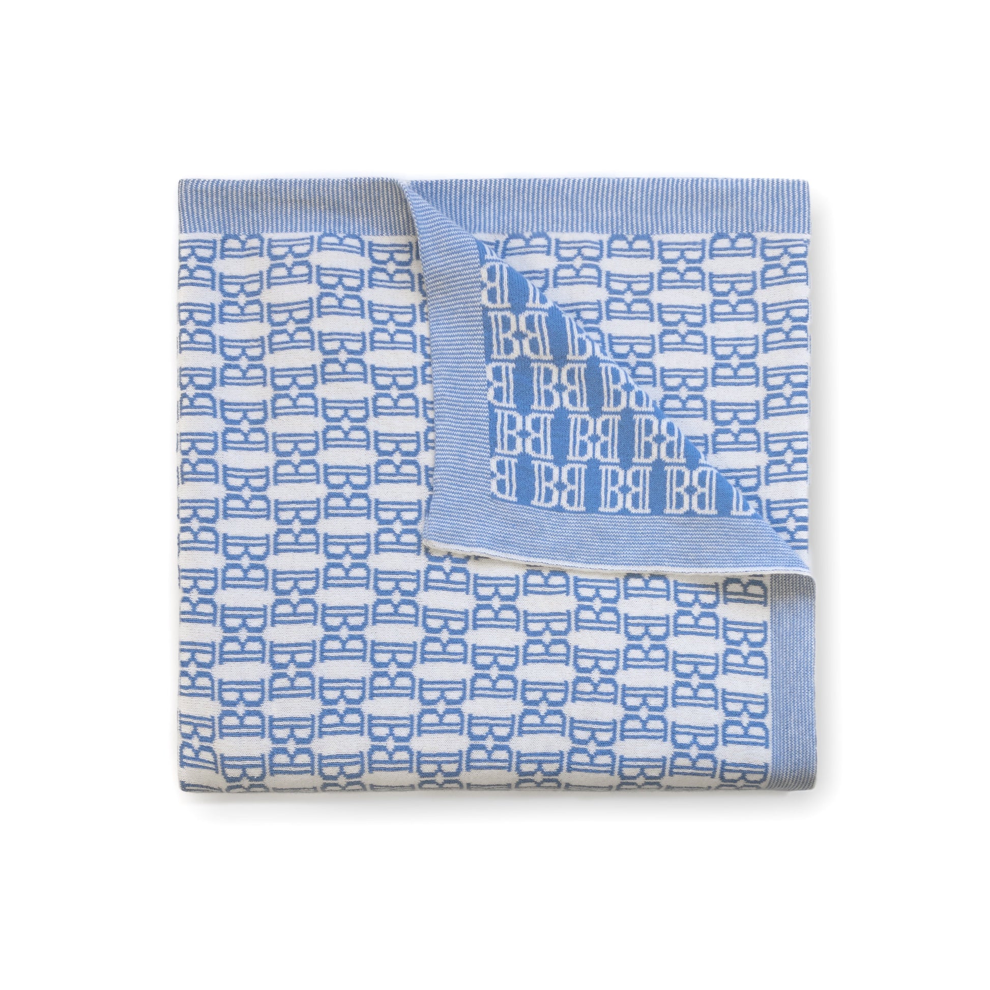 Carriage Boutique baby knit blanket in blue and white with a repeating monogram pattern and ribbed border.