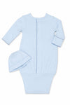 Carriage Boutique blue newborn sleep sack with matching hat, featuring long sleeves, scalloped trim, and snap buttons.