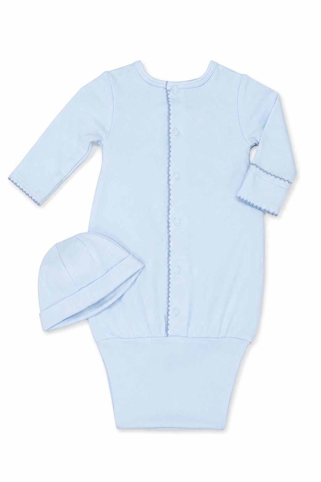 Carriage Boutique blue newborn sleep sack with matching hat, featuring long sleeves, scalloped trim, and snap buttons.