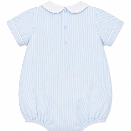 Carriage Boutique baby boy light blue pinstripe bubble romper with white Peter Pan collar and trim. 100% cotton.