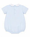 Carriage Boutique baby boy light blue pinstripe bubble romper with white Peter Pan collar and trim. 100% cotton.