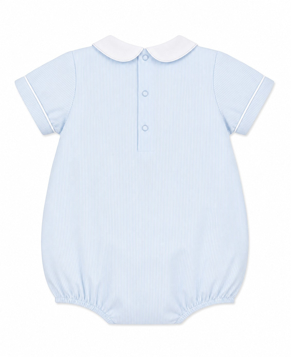 Carriage Boutique baby boy light blue pinstripe bubble romper with white Peter Pan collar and trim. 100% cotton.