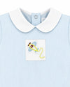 Carriage Boutique baby boy blue pinstripe cotton romper with white Peter Pan collar and embroidered yellow airplane detail.