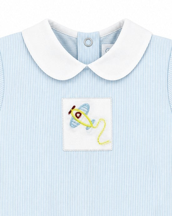 Carriage Boutique baby boy blue pinstripe cotton romper with white Peter Pan collar and embroidered yellow airplane detail.