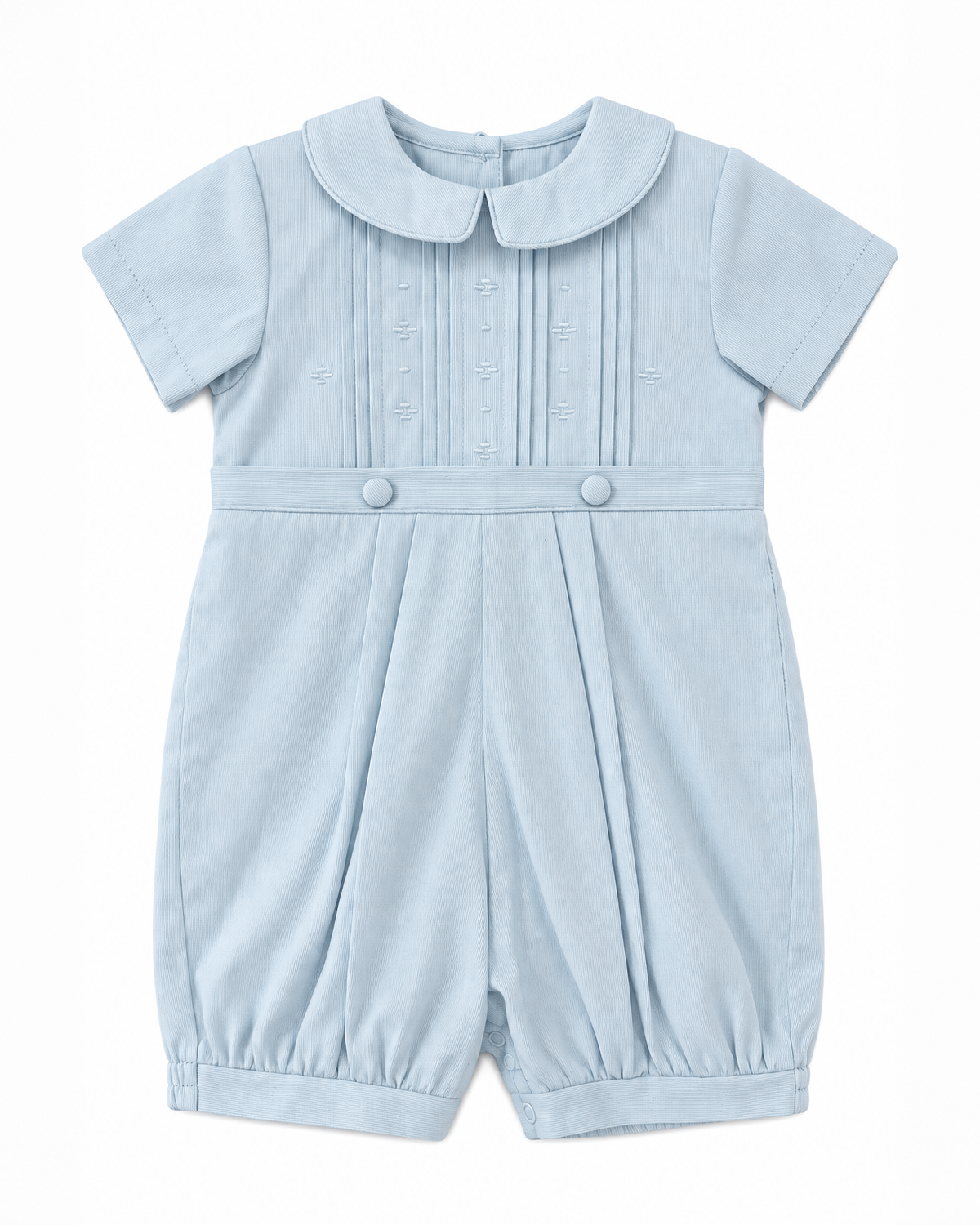 Carriage Boutique baby boy blue pique romper with a Peter Pan collar, pleated bodice, and button detailing.