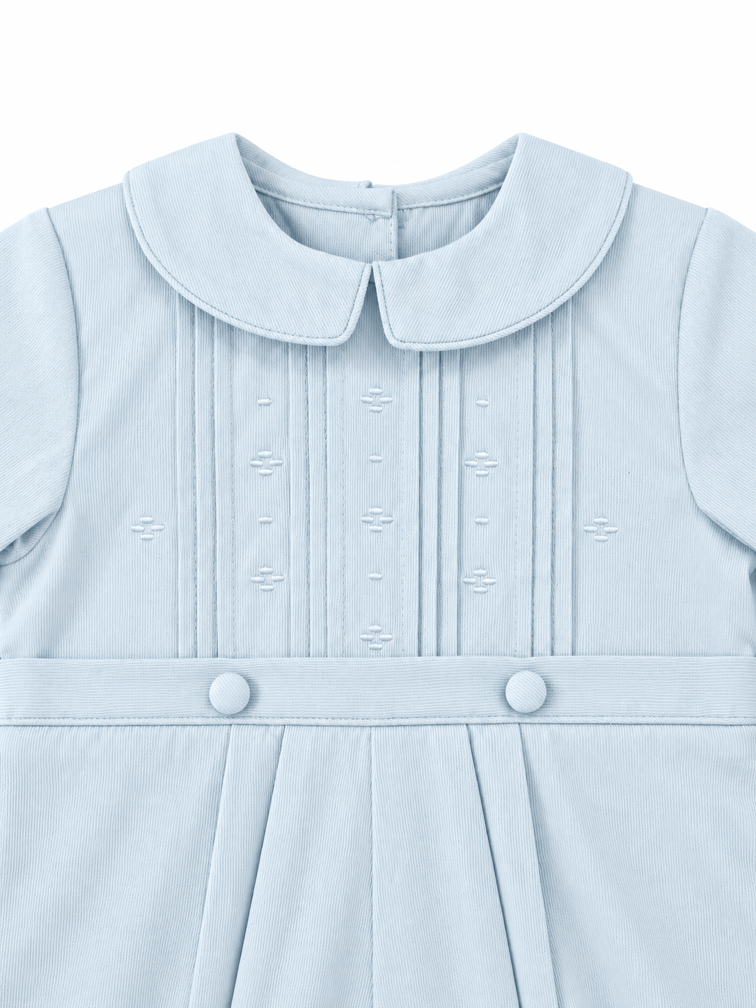 Carriage Boutique baby boy light blue pique romper with a Peter Pan collar, pleated front, and decorative buttons.