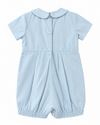 Carriage Boutique light blue pique baby boy romper with a Peter Pan collar and back button closure.