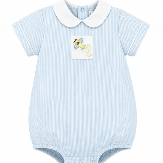 Carriage Boutique baby boy light blue pinstripe bubble romper with white Peter Pan collar and embroidered airplane detail.
