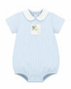 Carriage Boutique baby boy light blue pinstripe bubble romper with white Peter Pan collar and embroidered airplane detail.