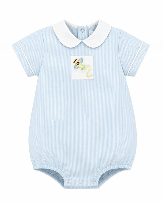 Carriage Boutique baby boy light blue pinstripe bubble romper with white Peter Pan collar and embroidered airplane detail.